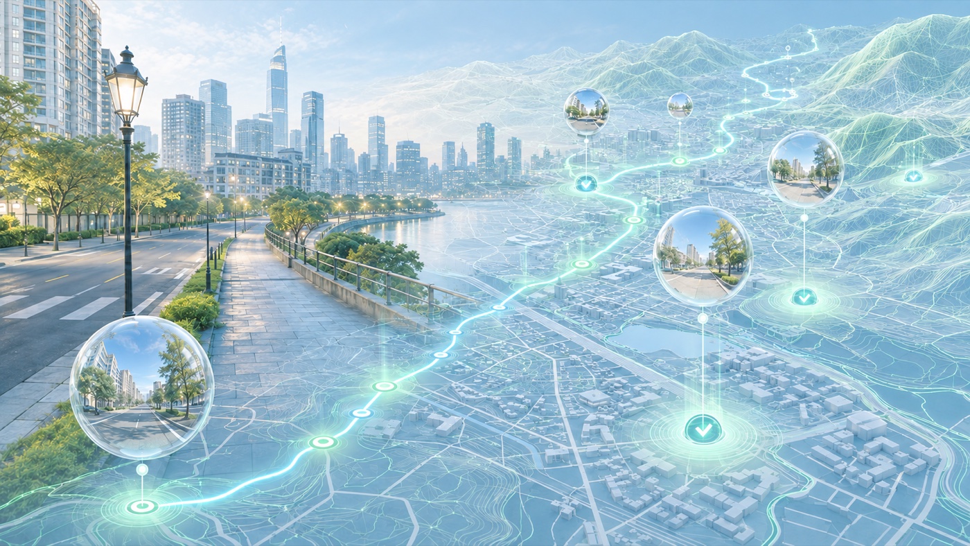 A street transforming into a digital map with connected photospheres